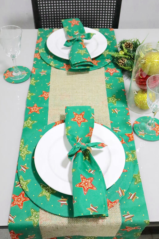 Caminho de Mesa Dupla Face Juta / Tecido Estrelas Verde Natal