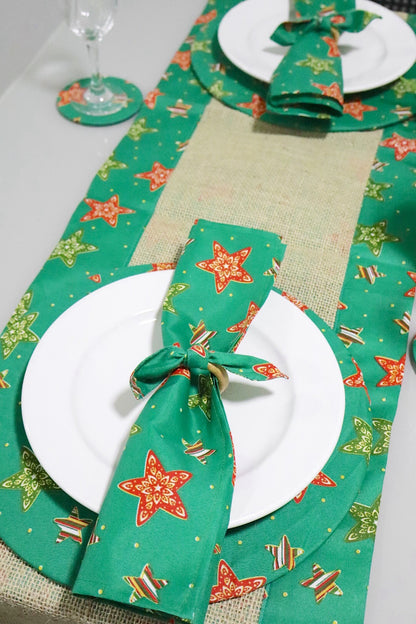 Caminho de Mesa Dupla Face Juta / Tecido Estrelas Verde Natal
