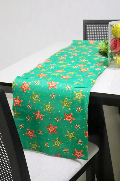 Caminho de Mesa Dupla Face Juta / Tecido Estrelas Verde Natal