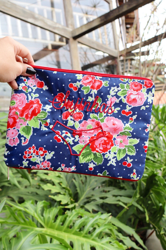 Necessaire Porta Calcinha Limpinha Sujinha P Flores Azul Marinho