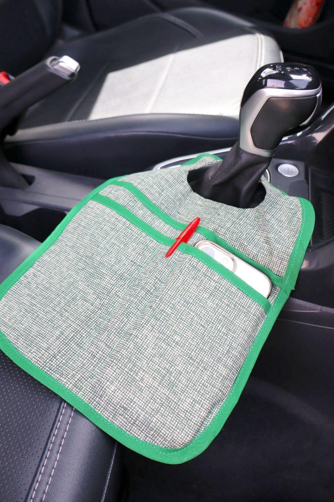 Lixeira para Carro de Tecido com Bolsos Quadriculado Verde