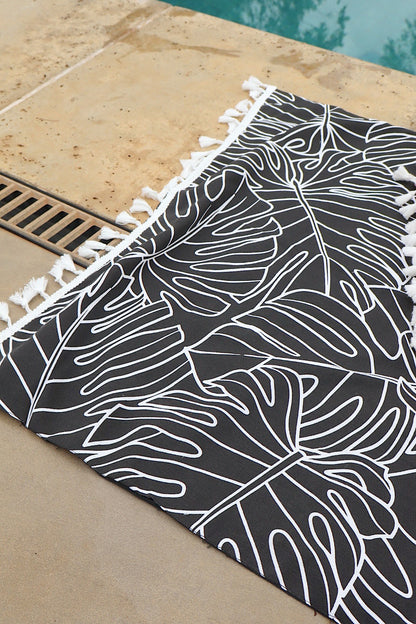 Toalha Canga Dupla Face com Tecido Impermeável Belize Folhas Preta