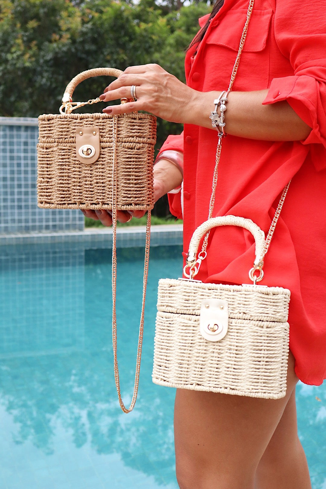 Bolsa Baú de Palha com Alça de Corrente