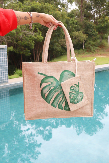 Bolsa Tote em Juta com Estampa Costela de Adão + Necessaire