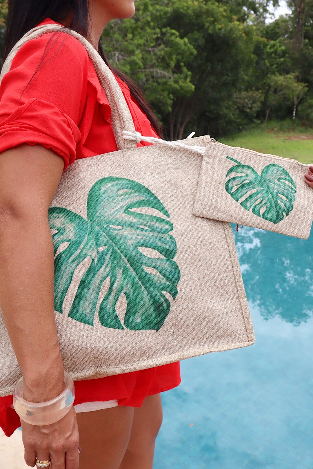 Bolsa Tote em Juta com Estampa Costela de Adão + Necessaire