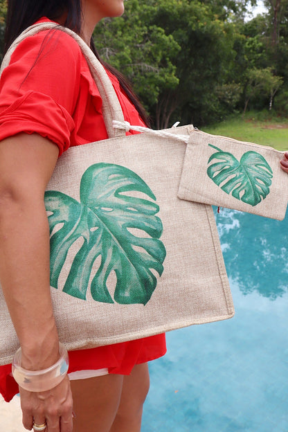 Bolsa Tote em Juta com Estampa Costela de Adão + Necessaire