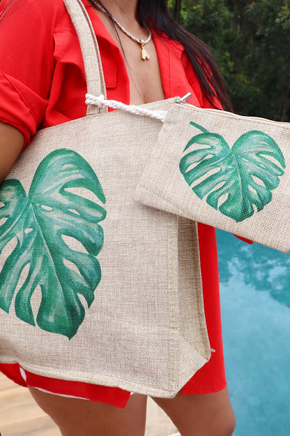 Bolsa Tote em Juta com Estampa Costela de Adão + Necessaire