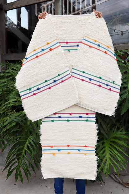 Jogo de Passadeira Felpudo Algodão Puxadinho Listra Pompom Colorido Arco Íris