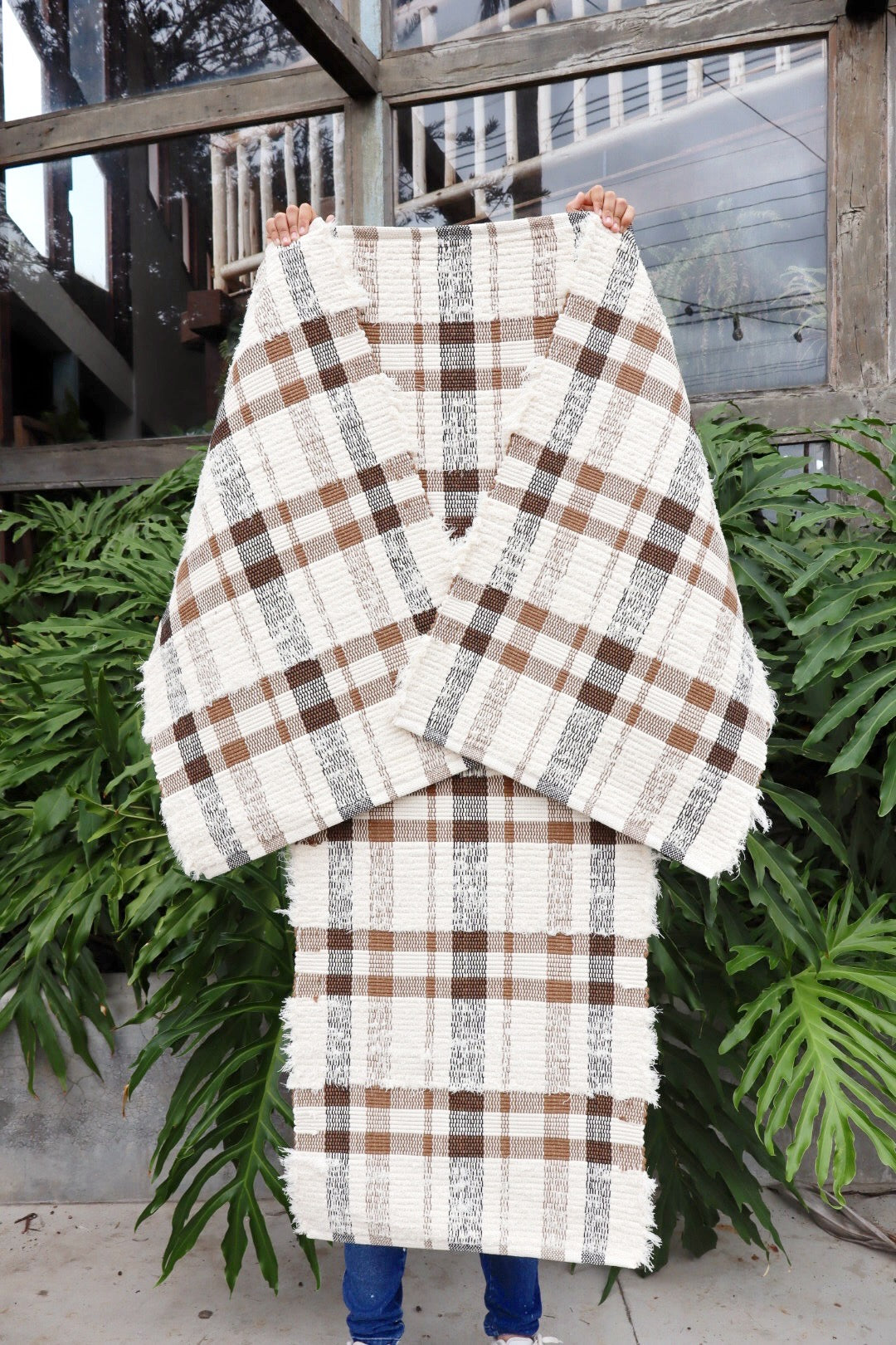 Jogo de Passadeira Felpudo Algodão Xadrez Marrom