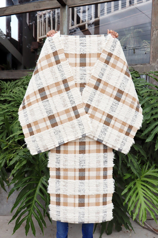 Jogo de Passadeira Felpudo Algodão Xadrez Bege