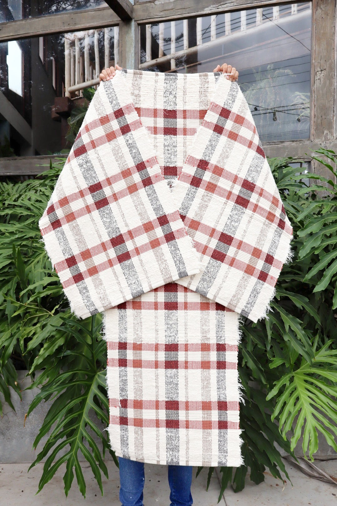 Jogo de Passadeira Felpudo Algodão Xadrez Terracota