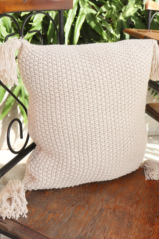 Capa de Almofada Pompom Decorativa Trico Bege 45x45cm