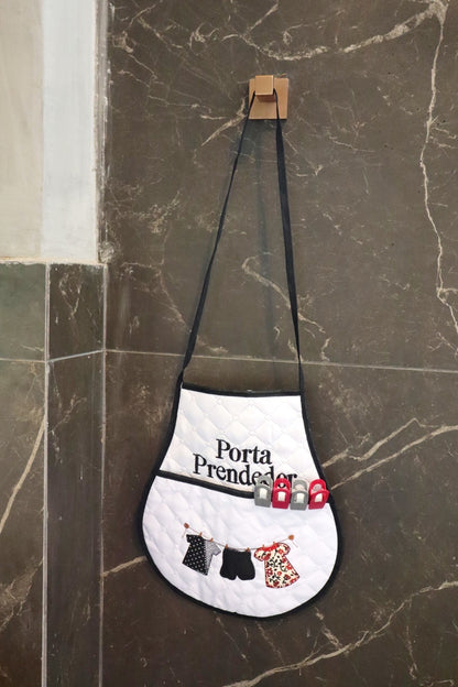 Avental Porta Prendedor de Roupas Branco com Viés Preto
