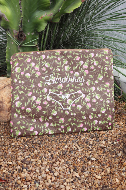 Necessaire Porta Calcinha Limpinha Sujinha G Flores Fundo Marrom