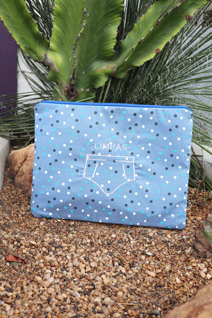 Necessaire Porta Cueca Limpinha Sujinha G Poá Azul