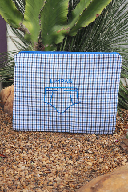 Necessaire Porta Cueca Limpinha Sujinha G Xadrez Azul