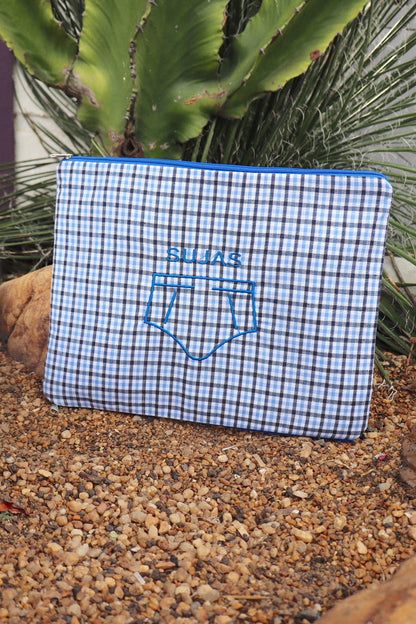 Necessaire Porta Cueca Limpinha Sujinha G Xadrez Azul