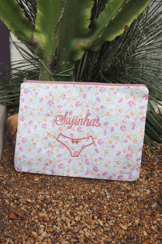 Necessaire Porta Calcinha Limpinha Sujinha G Flores Claro