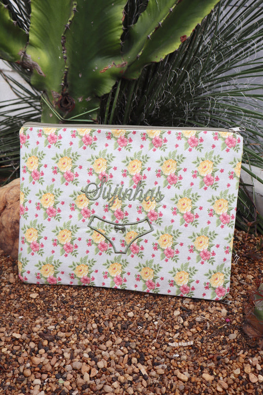 Necessaire Porta Calcinha Limpinha Sujinha G Flores Amarelo