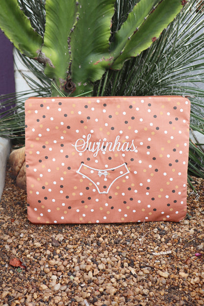 Necessaire Porta Calcinha Limpinha Sujinha G Poá Laranja