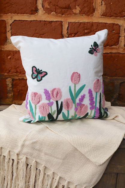 Capa de Almofada Bordada em Linho 45x45 Flores EST012