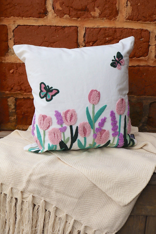 Capa de Almofada Bordada em Linho 45x45 Flores EST012