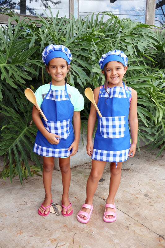 Avental Infantil com Touca Azul Xadrez