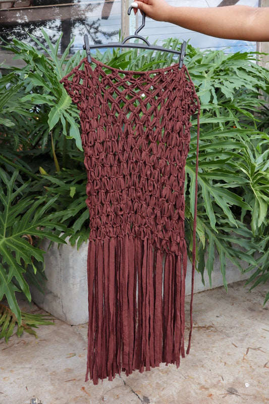 Saída de Praia Crochê Macramê Luxo Longa em Malha Marrom