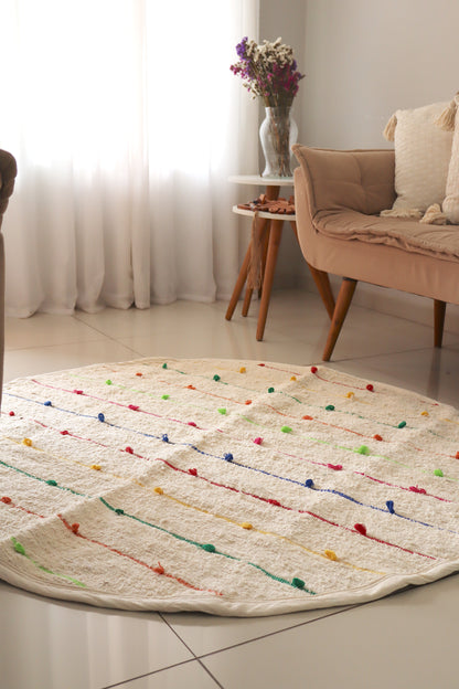 Tapete Algodão Puxadinho Redondo Pompom Colorido Arco Íris 2,0m