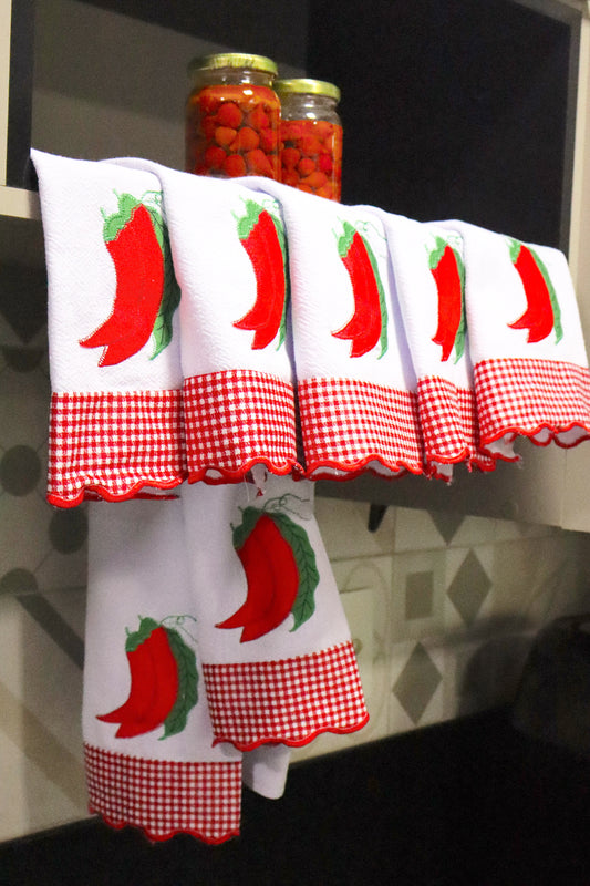Kit 7 Panos de Prato Decorados - Semaninha Pimenta Vermelha