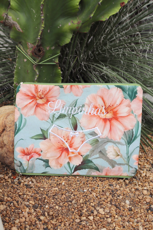 Necessaire Porta Calcinha Limpinha Sujinha P Flores Azul Claro e Salmão