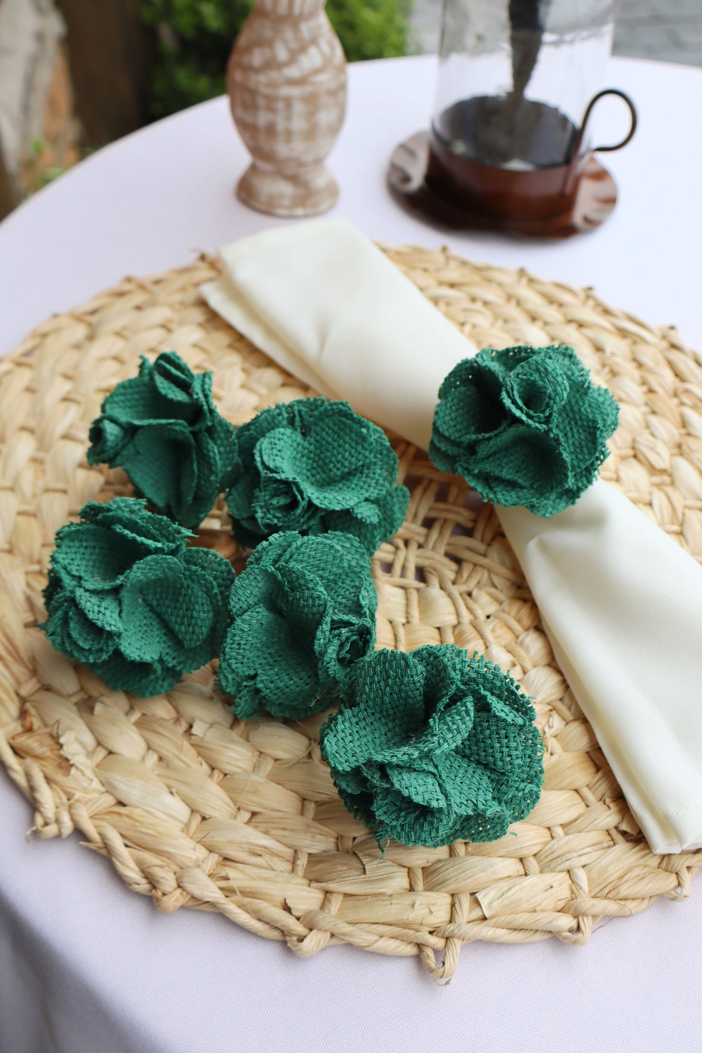 Kit Argola Porta Guardanapo Flor de Juta Verde 6 Peças