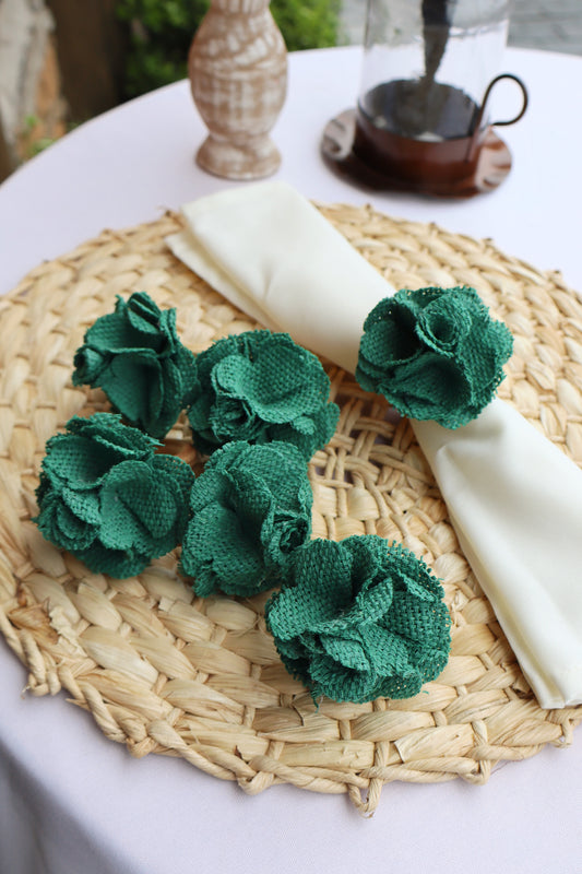 Kit Argola Porta Guardanapo Flor de Juta Verde 6 Peças