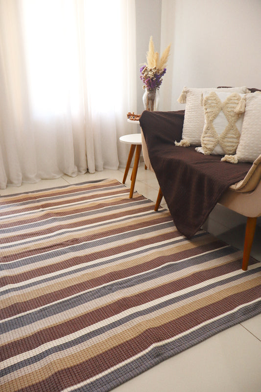 Tapete em Linha Listrado Azul, Marrom, Mostarda e Cru 1,50x2,00m