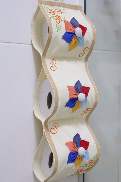 Porta Papel Higiênico 3 Lugares Algodão Fuxico Bege