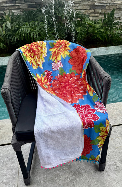 Toalha Canga Dupla Face com Chita Azul com Toalha Branca