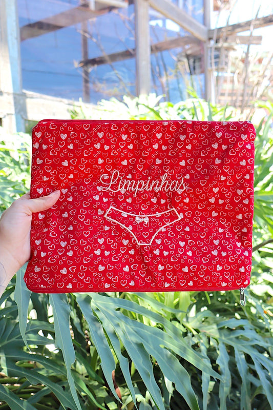 Necessaire Porta Calcinha Limpinha Sujinha G Corações Vermelha