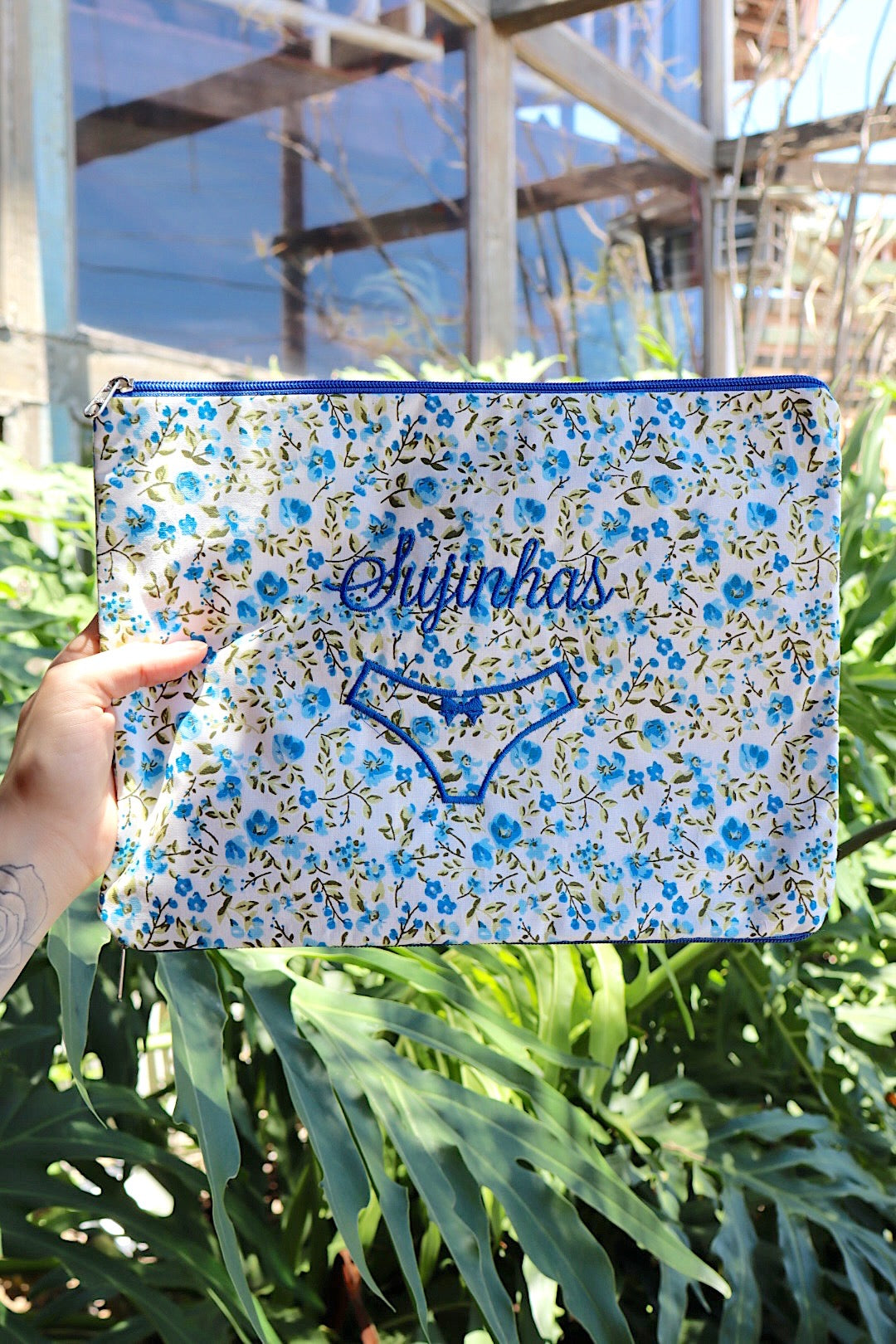 Necessaire Porta Calcinha Limpinha Sujinha G Flores Azul