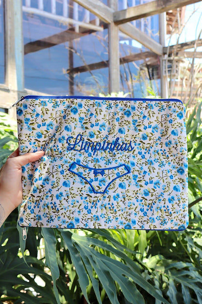 Necessaire Porta Calcinha Limpinha Sujinha G Flores Azul