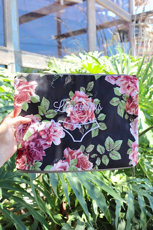 Necessaire Porta Calcinha Limpinha Sujinha G Flor Preta