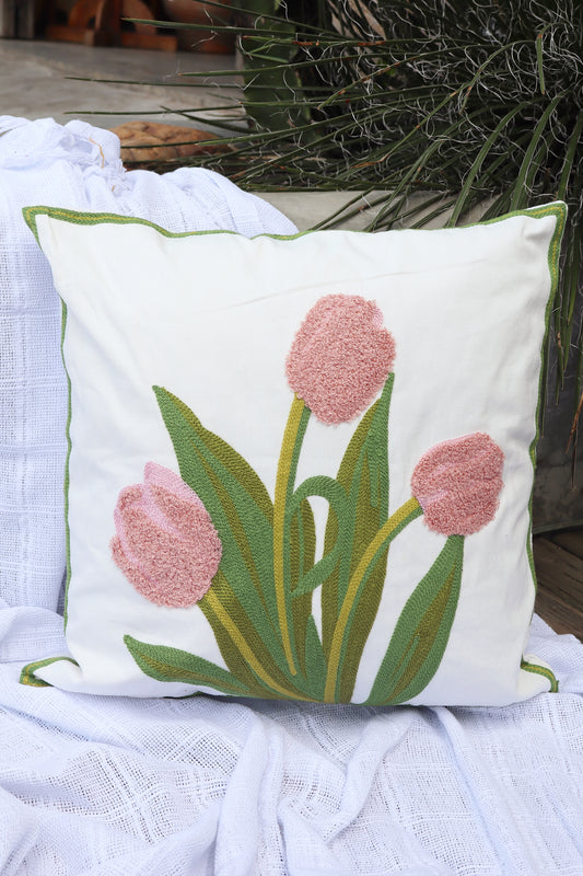Capa de Almofada Bordada em Linho 45x45 Flores EST02