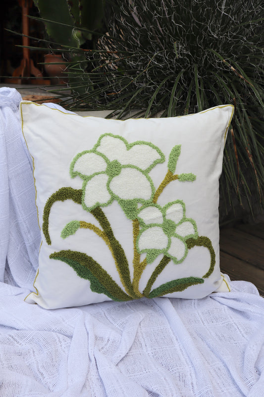 Capa de Almofada Bordada em Linho 45x45 Flores EST08 Verde e Branca