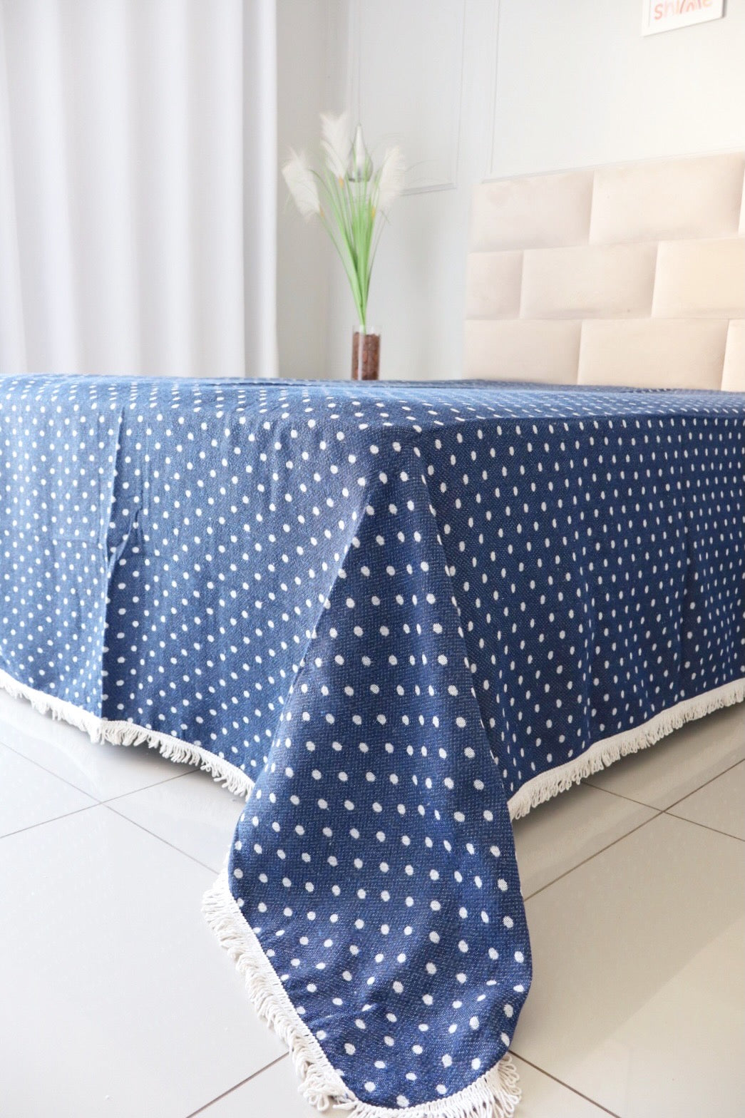 Colcha Casal Bolinhas Dupla Face Azul 2,10x2,40m