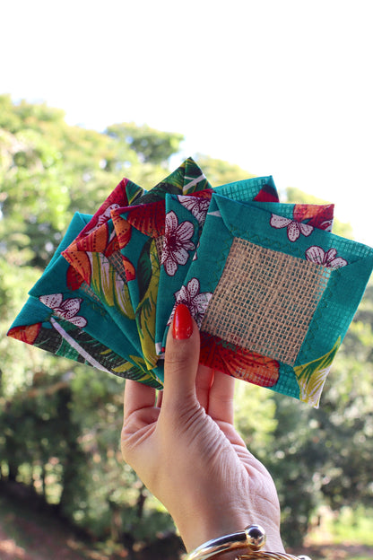Kit 6 Porta Copos / Descanso Para Copos em Juta com Chita Tifanny na Lateral