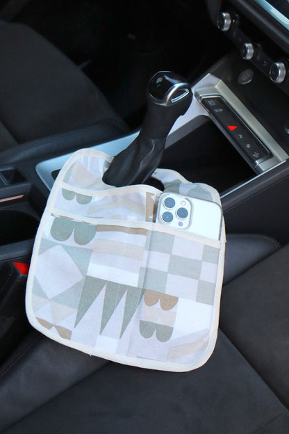 Lixeira para Carro de Tecido com Bolsos Geométrico Verde e Marrom