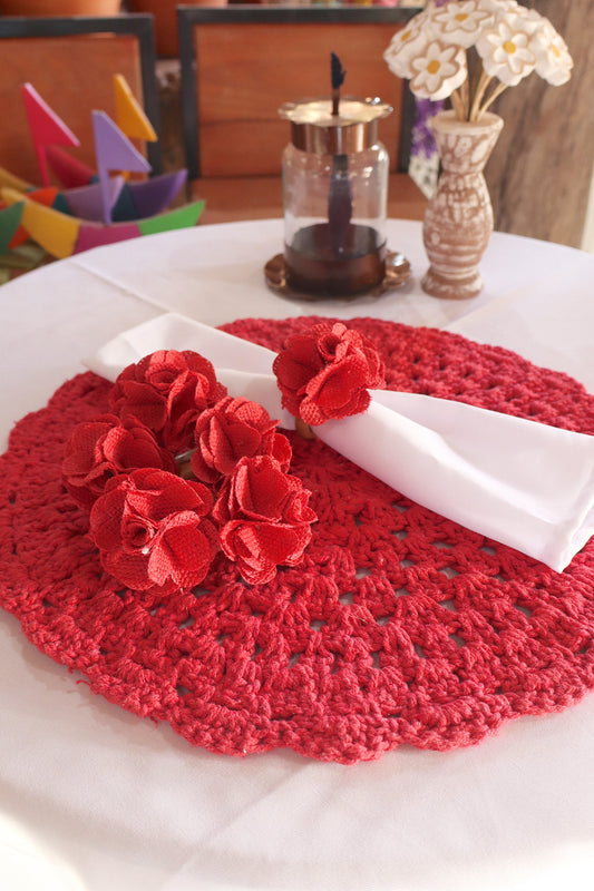 Kit Argola Porta Guardanapo Flor de Juta Vermelho 6 Peças