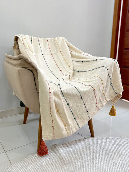 Manta para Sofá / Peseira Pompom Boho Colorida 1,20mx1,80m