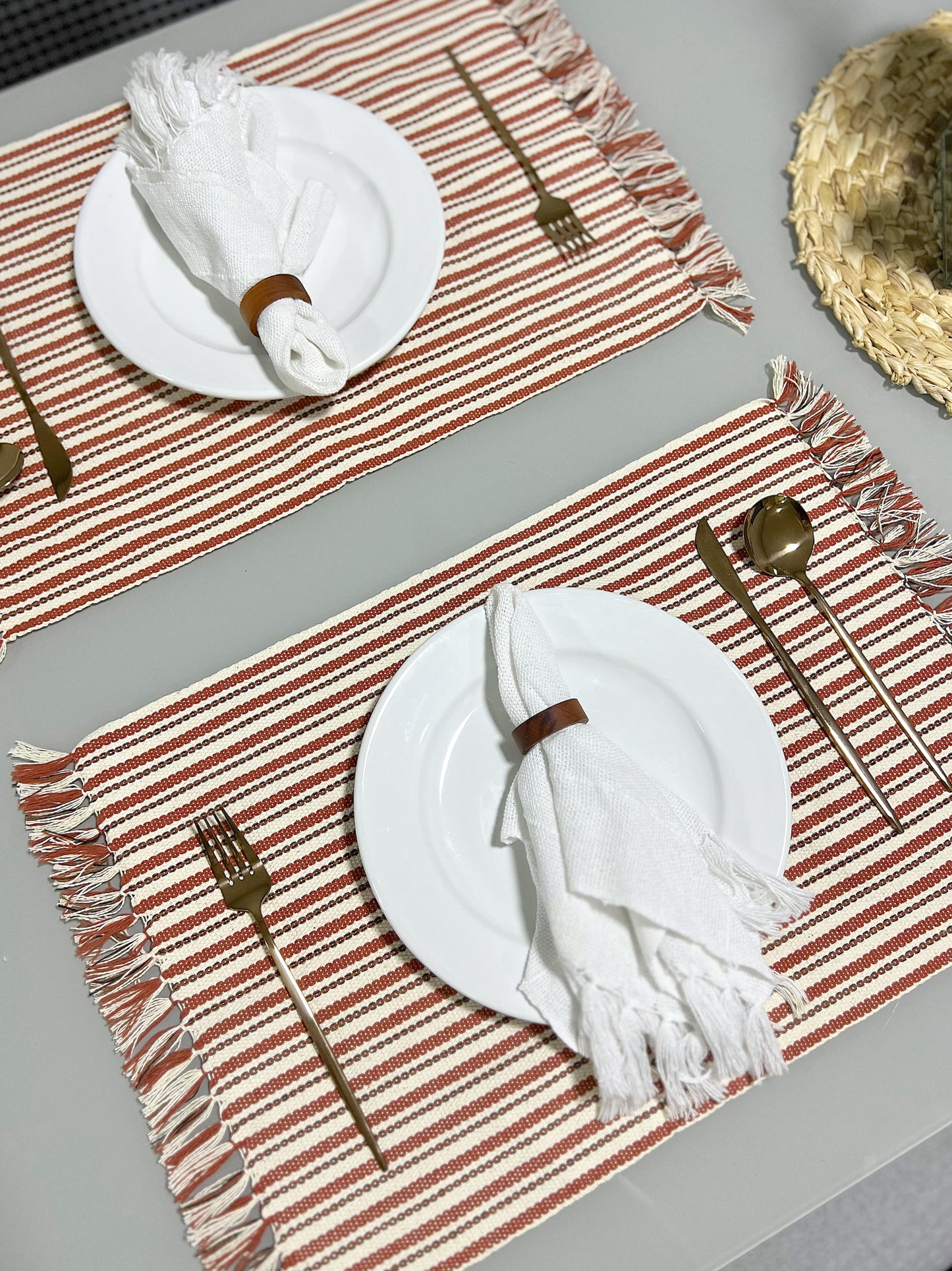 Par Jogo Americano Linha Listrado Terracota e Cru