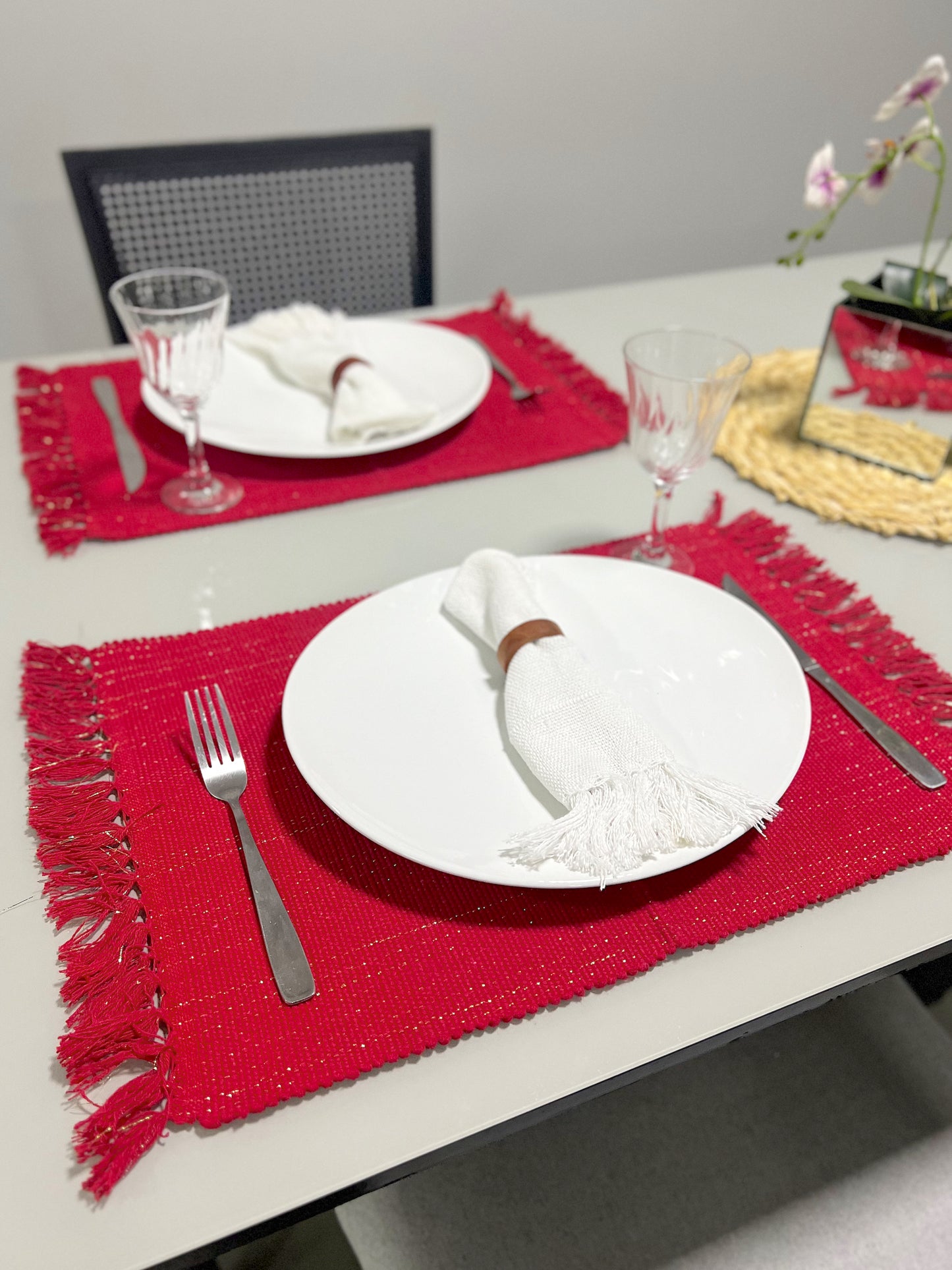 Par Jogo Americano Linha com Fio Lurex Vermelho