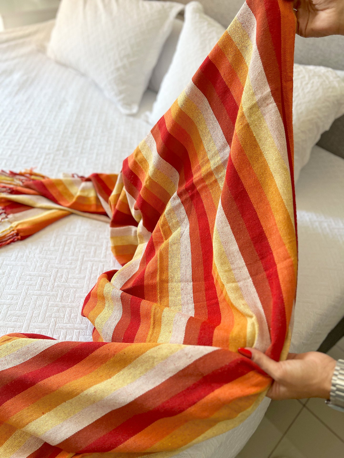 Peseira para Cama Algodão Listrada Laranja e Vermelha 1,80x2,20m